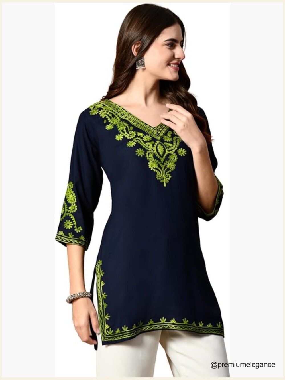 Embroidered Kashmiri Tunic Top, Short Kurti, V-Neck, 3/4 Sleeve, Floral